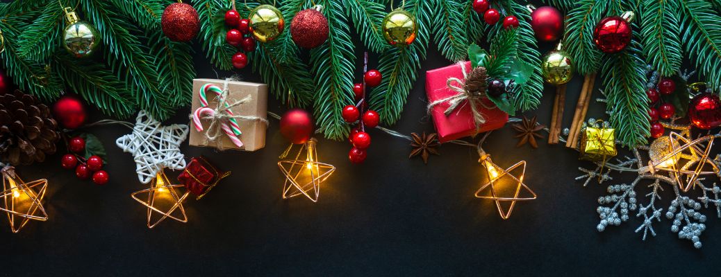 Christmas decorations lights and gifts